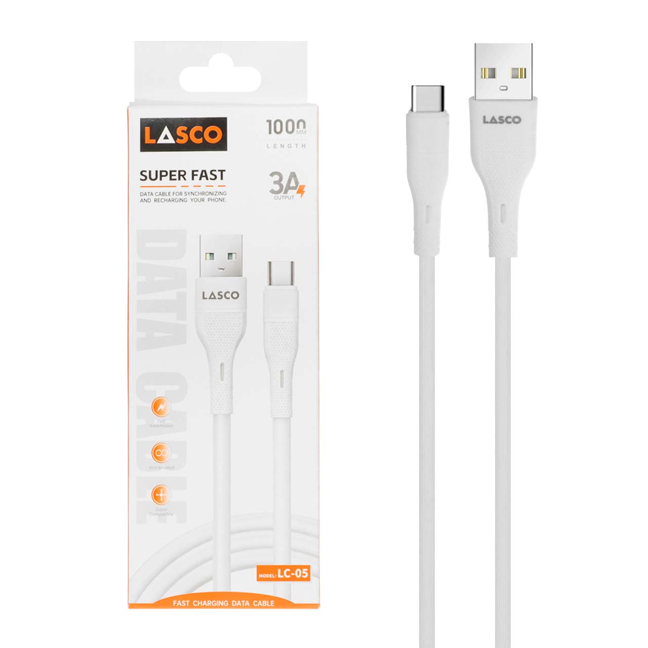 کابل شارژ فست Lasco Type-C مدل LC-05 - سفید - DST (گارانتی شش ماهه)